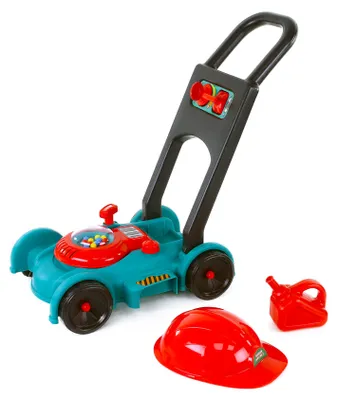 Produktbild von Kinderrasenmäher mit realistischem Sound, inklusive Kopfhelm und Kanister