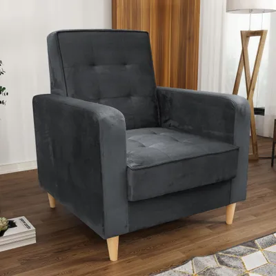 Produktbild von Sessel aus Velourstoff Bamako Loungesessel mit Holzbeine Polstersessel für Wohnzimmer, Stoff: paros 06 - anthrazit