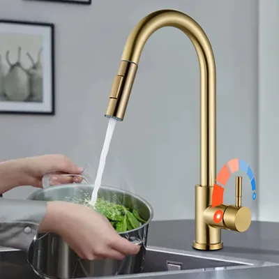 A person is using a gold kitchen faucet to fill a pot of vegetables in a sink.