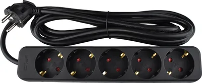 A black power strip with five outlets and a black power cord is laid out on a white background.