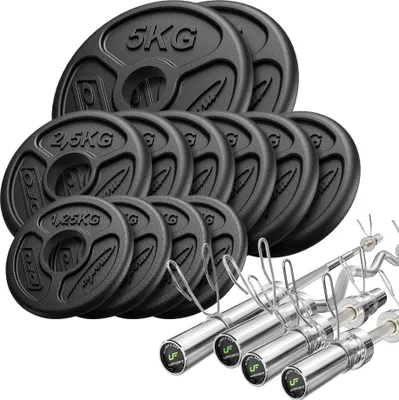 Produktbild von Set 65kg | olympische Langhantelstange 180 cm + leicht gebogene SZ-Curlstange 120 cm + 2x Kurzhantelstange 50 cm +  Hantelscheiben 2x5kg, 6x2,5kg, 4x1,25kg - Marbo Sport