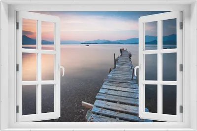 Produktbild von Wallario Wandbild mit Fenster-Illusion: Steg am See- Idylle bei Sonnenuntergang, Größe: 61 x 91,5 cm, Poster mit rahmenlosen Bildhalter
