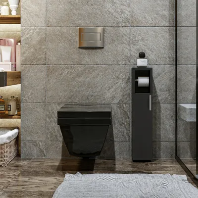 A modern bathroom with a wall-mounted toilet and a tall, narrow cabinet.