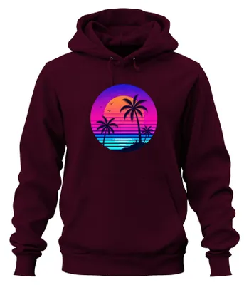 Produktbild von Retro 80s Synthwave Sonnenuntergang Palmen Vaporwave Neon Hoodie Kapuzenpullover, Burgundy, XL