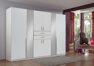 Kleiderschrank "Vanea" in WEISS mit 8 Türen und 4 Einlegeböden. Abmessungen (BxHxT) 270x210x58 cm