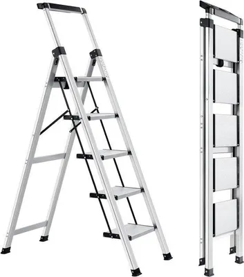 Produktbild von Aluminium-5-Treppen-Hausleiter mit Arbeitsgurt Werkzeugkiste antislip kompakt leicht 150kg belastbar