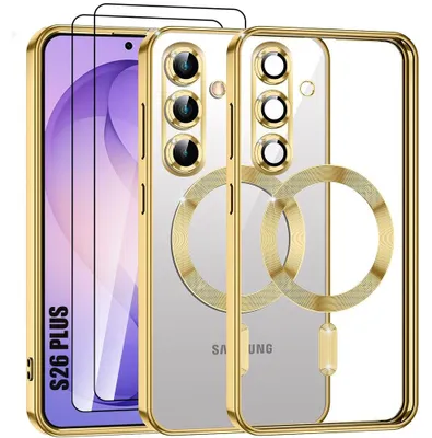 Image de Coque + 2 Verres Trempés pour Samsung Galaxy S26 Plus, Antichoc Transparent avec Cercle Magnétique Doré