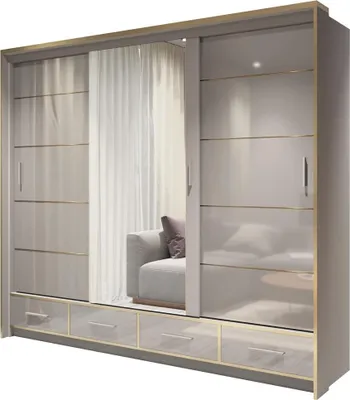 Produktbild von BETTSO Schwebetürenschrank 253 cm mit Spiegel und 4 Schubladen Kleiderschrank mit Kleiderstange und Led Belechtung Einlegeboden BENCH Grau Glänz