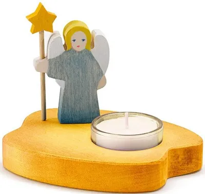 Produktbild von Ostheimer - 5530281 - Teelicht mit Engel, blau, Holz, 12cm, Bedarfsartikel. Kein Spielzeug. Bitte außerhalb der Reichweite von Kindern positionieren.