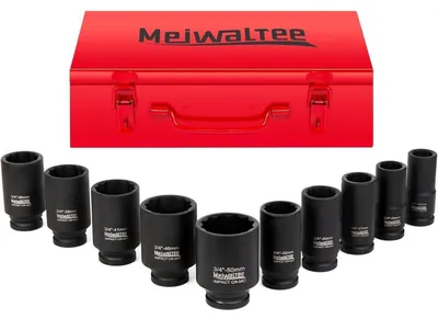 Immagine prodotto di Set di bussole per avvitatore a percussione, attacco 3/4", 10 pezzi, profonda, metrica, 22-50 mm, 12 punti, acciaio Cr-Mo, custodia in metallo