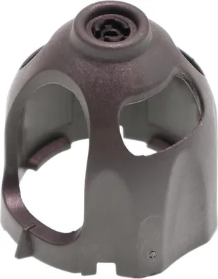 A close-up studio shot of a dark gray plastic component.