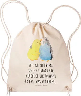 Produktbild von Mr. & Mrs. Panda Jutebeutel Wellensittich Liebe - Transparent - Geschenk, wander rucksack, Turnbeutel, Freundin, sporttasche klein, Nähe, Beutel, Stoffbeutel, Verknallt