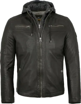 Produktbild von Redpoint - Herren Lederjacke Bikerjacke Kapuze Lammnappa schwarz antik : 54