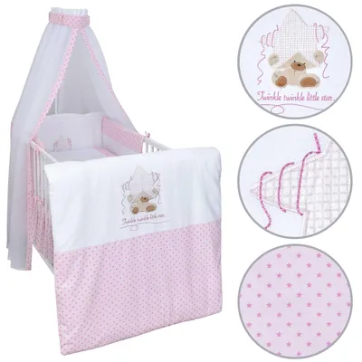 Produktbild von Baby Delux Baby Bettwäsche Bettset 4-tlg Bettausstattung Nestchen Himmel mit Stickerei Twinkle Star Rosa