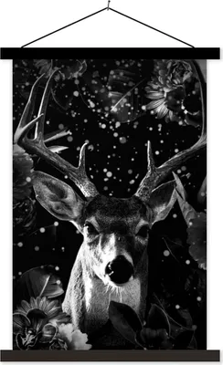 Produktbild von MuchoWow® Textilposter Botanischer Hirsch mit Leuchtkugeln vor schwarzem Hintergrund - schwarz-weiß 40x60 cm mit schwarzem Rahmen - Wanddekorationen