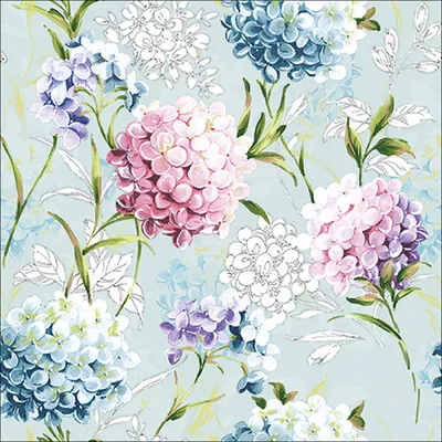 Produktbild von Servietten Papier 33x33cm 3-lagig mit Hortensien Blumen Motiv 20 Stück