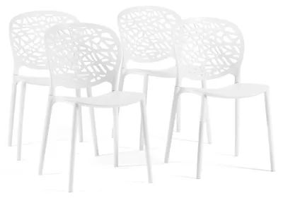 Image de Lot de 4 chaises empilables pour l'intérieur et l'extérieur, en polypropylène renforcé de fibre de verre, avec dossier ajouré décoratif, pour le jardin, la terrasse, le bar ou le restaurant - Linda Blanc