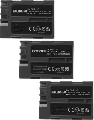 Produktbild von EXTENSILO 3x Akku Ersatz für Nikon EN-EL3e für Kamera (1900 mAh, 7,4 V, Li-Ion)