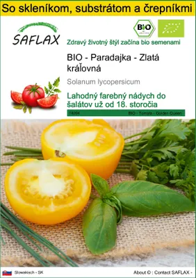 Obrázok produktu pre SAFLAX Kultivačný set - BIO - Paradajka - Zlatá kráľovná - Solanum lycopersicum - 15 Semená - S mini skleníkom, pestovateľským substrátom a 2 črepníkmi