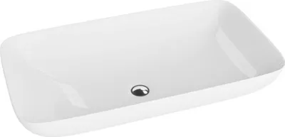 A white rectangular washbasin with a drain in the center, shown from a slightly elevated angle.