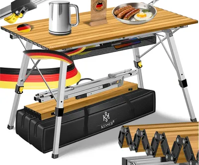 Produktbild von KESSER® Campingtisch Klapptisch faltbar & höhenverstellbar 100kg Alu-Rahmen & Aufrollbare Tischplatte inkl. Tasche, Trageband & Netztasche Holz Optik