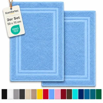 Produktbild von Komfortec Badematte 2er Set 50x70 cm, 100% Baumwolle, 600 g/m², Extra Weich & Saugstark, Frottee Duschvorleger, Waschbar Duschmatte, Hellblau