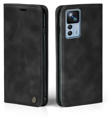 Two views of a black flip phone case for a Xiaomi 12T / 12T Pro.