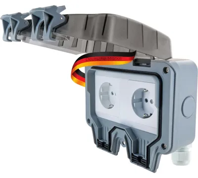Außensteckdose 2-fach, IP66, Aufputz, für Schuko-Winkelstecker, Grau