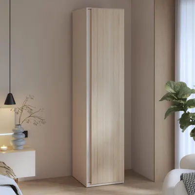 Produktbild von Forte PANOPTIK Kleiderschrank 50, schmaler, moderner Schrank für kleinere Zimmer, 1-türig, Holzwerkstoff, Kaschmir|Beige|Riva Eiche Holzdekor, 48 cm breit x 210,5 cm hoch x 54,2 cm tief