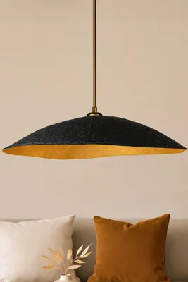 Produktbild von Opviq, Moderne Pendelleuchte aus Carbonbeton, Schwarz und Gold, Höhenverstellbar 12-62 cm, Ø40 cm, E27 Fassung, Max 40 W, IP20 | Elegantes, industrielles Design für jeden Raum.