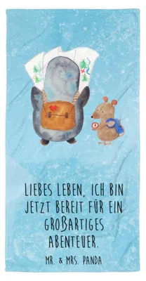 Produktbild von Mr. & Mrs. Panda Duschhandtuch Pinguin & Maus Wanderer - Eisblau - Geschenk, Baumwollhandtuch, Wandern, Badehandtuch, Duschtuch, Strandlaken, Strandtuch, Handtuch