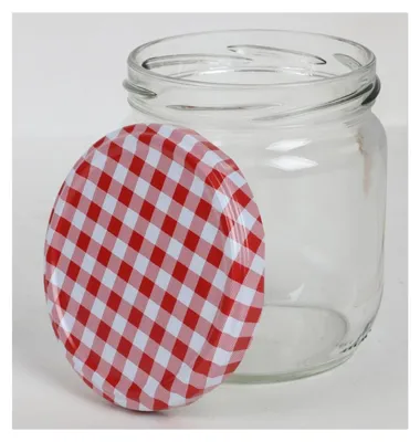 A clear glass jar with a red and white checkered lid, shown on a white background.