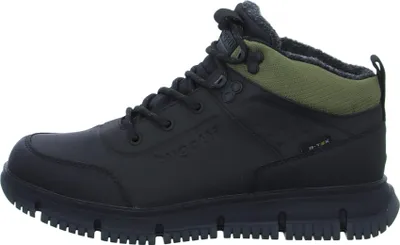 A side view of a black Bugatti men's boot with green accents.