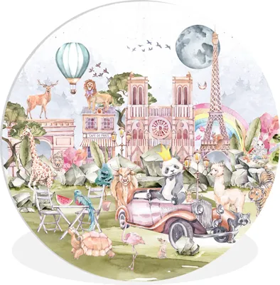 Produktbild von MuchoWow® Rundes Wandbild - Runde Bilder Paris - Regenbogen - Kinder - Rosa - Mädchen - Tiere Ø 60 cm Kreis Wanddekoration Kunststoff - Wandkreis - Wandschmuck - Wand Kreis - Das Schlafzimmer - Die Bilder - Wandmalerei - Kunst für das Haus - das Plastik