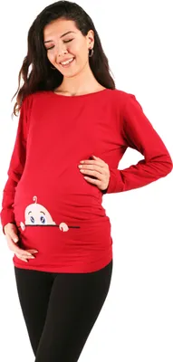 Imagen del producto de Camiseta premamá manga larga bebé curioso – ropa premamá mujer, 95% algodón, rojo, talla S