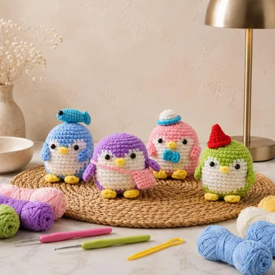 Obrázek produktu pro Sada pro začátečníky na háčkování, pinguín, amigurumi, 4 motivy, s návodem v němčině