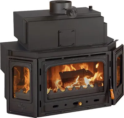 Immagine prodotto di Inserto camino PRITY TC W28 | 33,3 kW (5,4 + 27,9) | Stufa a legna con tasca d'acqua e porta in ghisa | Ø200 mm