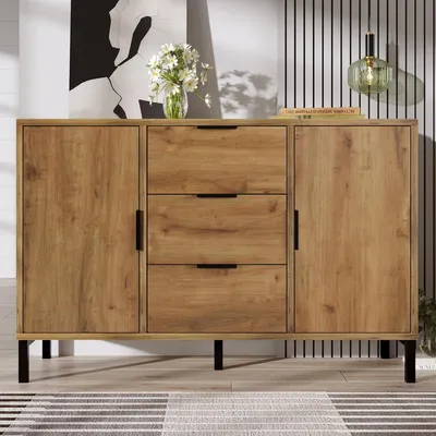 Immagine prodotto di Comodino/Credenza in legno, 2 ante, 3 cassetti, 120x40x76 cm, stile industriale