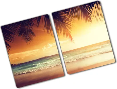 Produktbild von Tulup Glas Herdabdeckplatte - 2x40x52 cm - Glaskeramikkochfeld-Abdeckung Spritzschutz Glasabdeckplatte Kochplattenabdeckung und Schneidebrett - Zweiteilig - Landschaften - Tropischer Strand - Orange