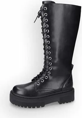 A black leather boot with laces and a thick sole, shown against a white background.