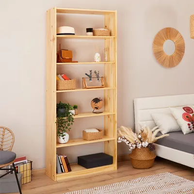 Produktbild von Standregal mit 7 Böden, praktisches Bücherregal aus massiver Kiefer in natur, schlichtes Büroregal aus Massivholz