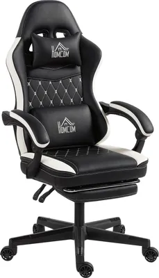 Produktbild von Gaming-Stuhl mit Fußstütze, Kopfstütze und Kissen, Schwarz/Weiß