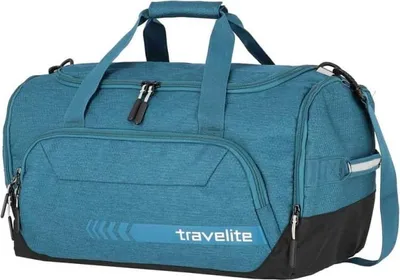 A teal duffel bag with black accents is shown against a white background.