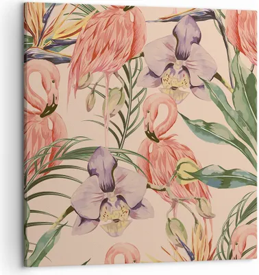 Produktbild von Bild auf Leinwand - Leinwandbild - Flamingos Pflanzen Vogel exotisch - 50x50cm - Wand Bild - Wanddeko - Leinwanddruck - Bilder - Kunstdruck - Leinwand bilder - Wandkunst - AC50x50-2929