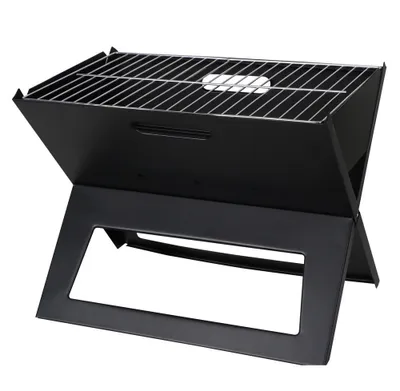 A black foldable charcoal grill is shown from a front-side angle against a white background.