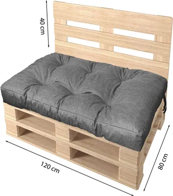 A pallet bench with a gray cushion and dimensions indicated.