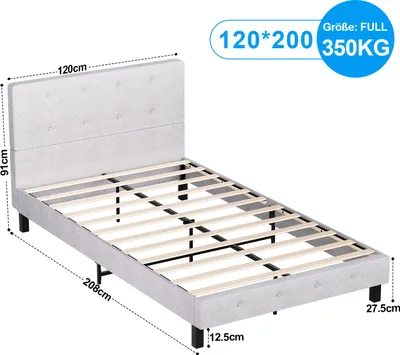 Zdjęcie produktu dla Łóżko tapicerowane Izrielar 120x200 cm, łóżko podwójne w kolorze szarym – tapicerowane łóżko z tkaniny z stelażem z listew
