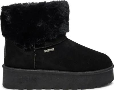 A studio shot of a single black boot.