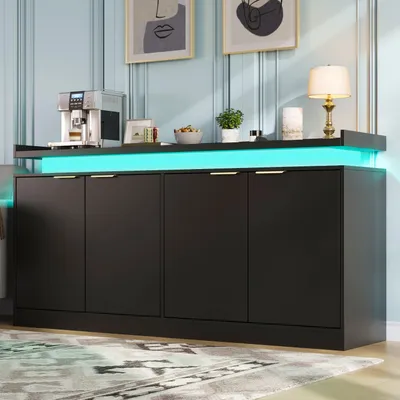 Zdjęcie produktu dla Komoda/Szafka RTV Merax z 4 drzwiami, komoda z oświetleniem LED, witryna/bufet z otwartymi półkami, szafka do salonu RGB, wykonana z MDF, kolor czarny