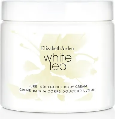 A white jar of Elizabeth Arden White Tea Pure Indulgence Body Cream is shown against a white background.